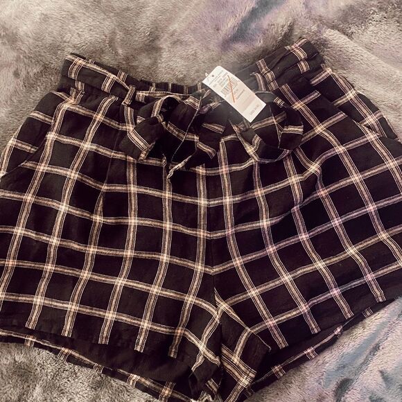 NWT American Eagle plaid paperbag tie waist linen cotton shorts - Picture 5 of 12